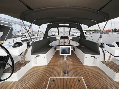 Deck of Jolie, a Dufour 470 sailboat at Grad Biograd na Moru, Croatia