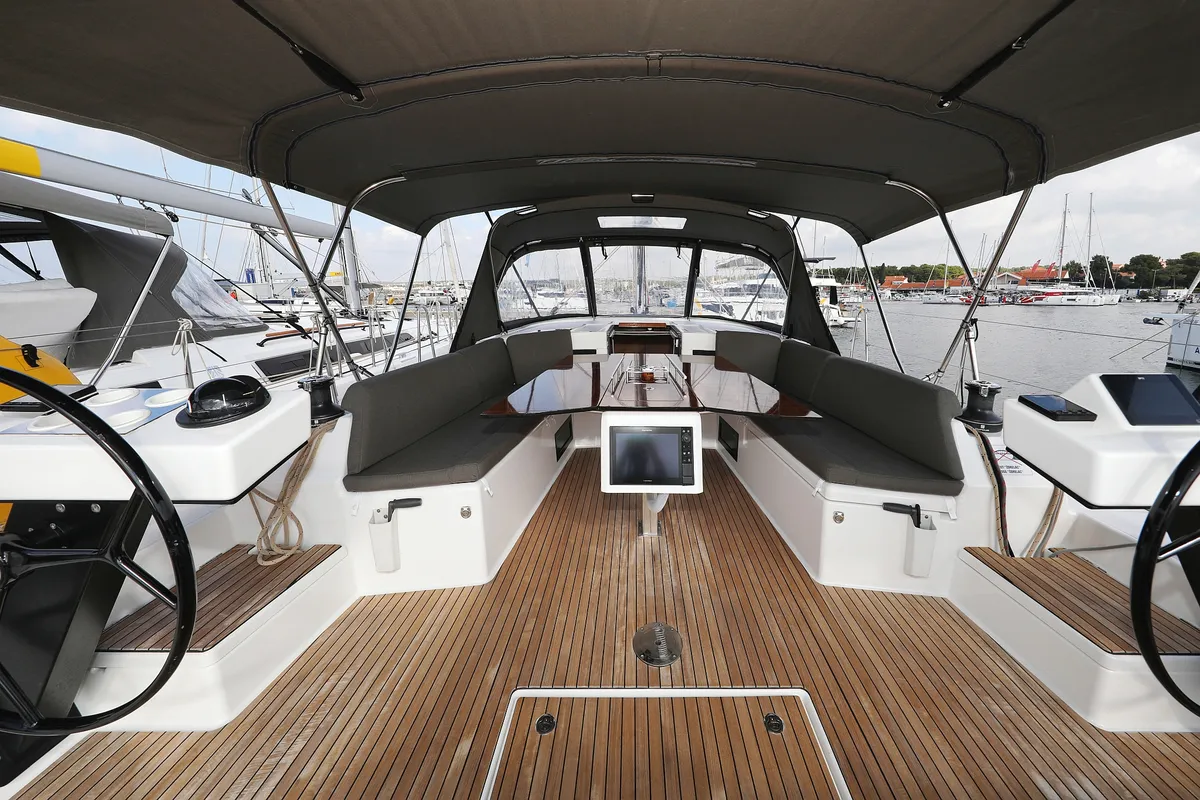 Deck of Jolie, a Dufour 470 sailboat at Grad Biograd na Moru, Croatia