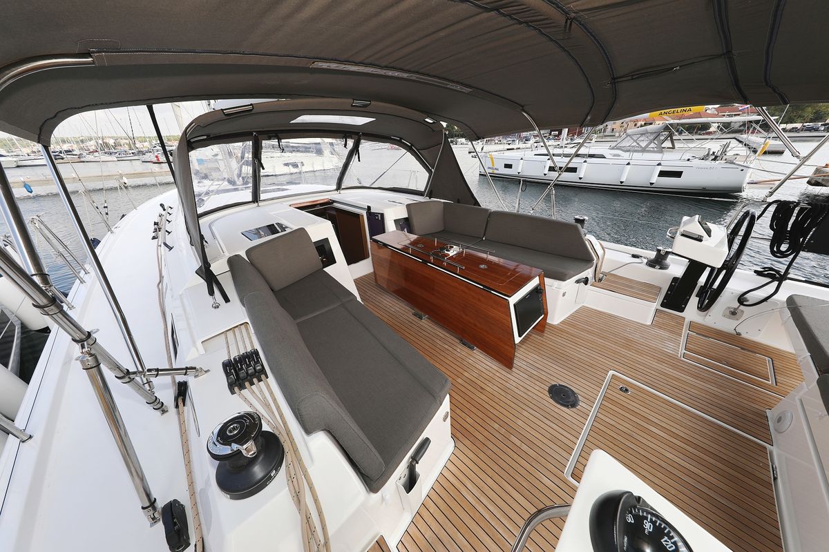 Deck of Jolie, a Dufour 470 sailboat at Grad Biograd na Moru, Croatia