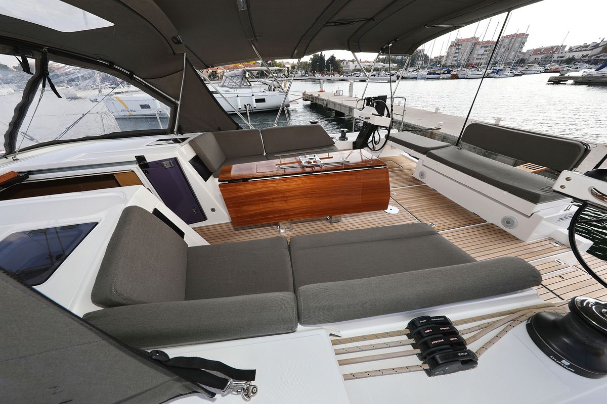 Deck of Jolie, a Dufour 470 sailboat at Grad Biograd na Moru, Croatia