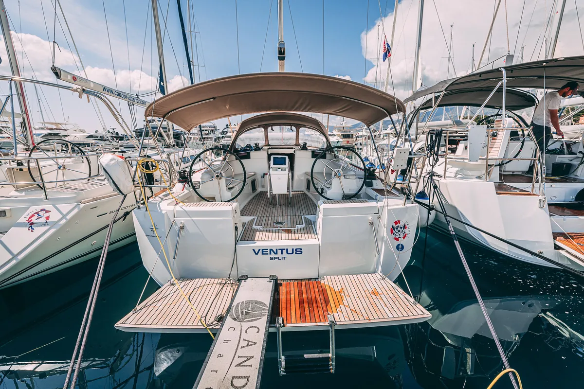 Exterior view of Ventus, a Jeanneau Sun Odyssey 449 sailboat at Grad Kaštela, Croatia