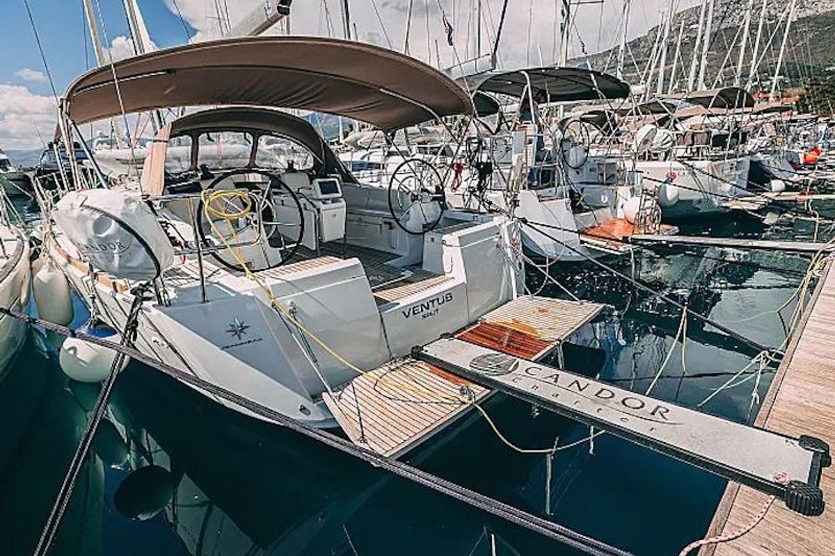 Exterior view of Ventus, a Jeanneau Sun Odyssey 449 sailboat at Grad Kaštela, Croatia