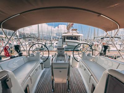 Cockpit of Ventus, a Jeanneau Sun Odyssey 449 sailboat at Grad Kaštela, Croatia