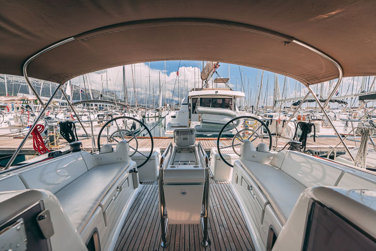 Cockpit of Ventus, a Jeanneau Sun Odyssey 449 sailboat at Grad Kaštela, Croatia