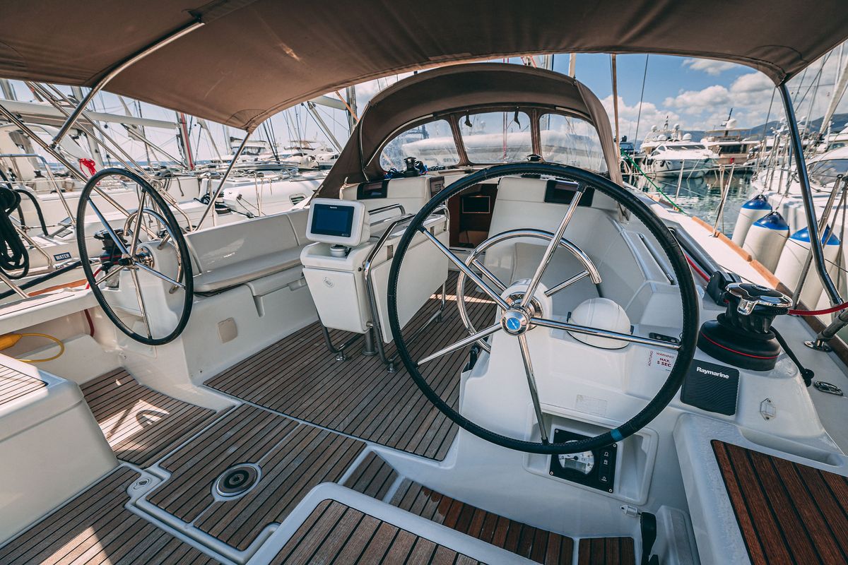 Cockpit of Ventus, a Jeanneau Sun Odyssey 449 sailboat at Grad Kaštela, Croatia