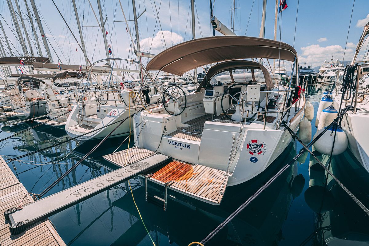 Exterior view of Ventus, a Jeanneau Sun Odyssey 449 sailboat at Grad Kaštela, Croatia