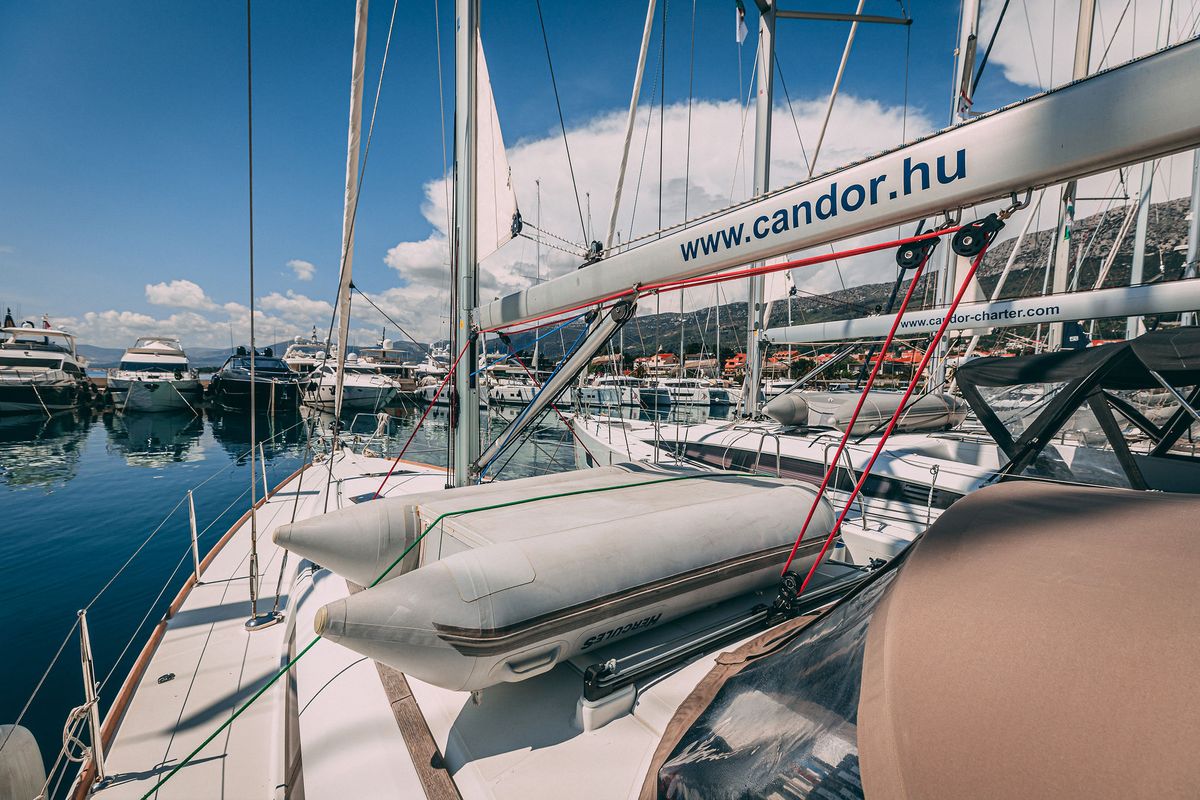 Deck of Ventus, a Jeanneau Sun Odyssey 449 sailboat at Grad Kaštela, Croatia
