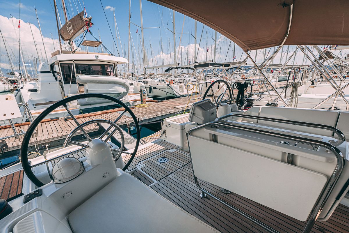 Cockpit of Ventus, a Jeanneau Sun Odyssey 449 sailboat at Grad Kaštela, Croatia