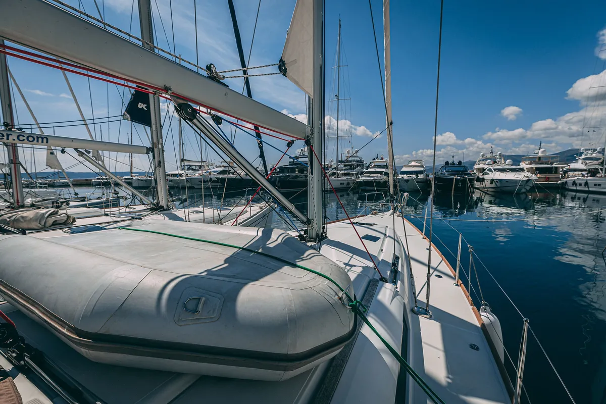 Deck of Ventus, a Jeanneau Sun Odyssey 449 sailboat at Grad Kaštela, Croatia