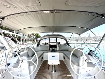Cockpit of Sail Leo, a Bavaria Cruiser 46 sailboat at Fethiye, Turkey
