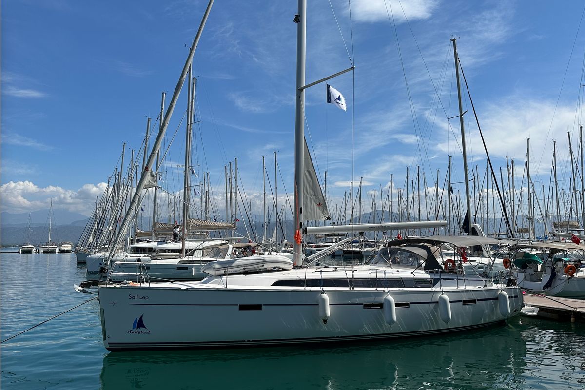 Exterior view of Sail Leo, a Bavaria Cruiser 46 sailboat at Fethiye, Turkey