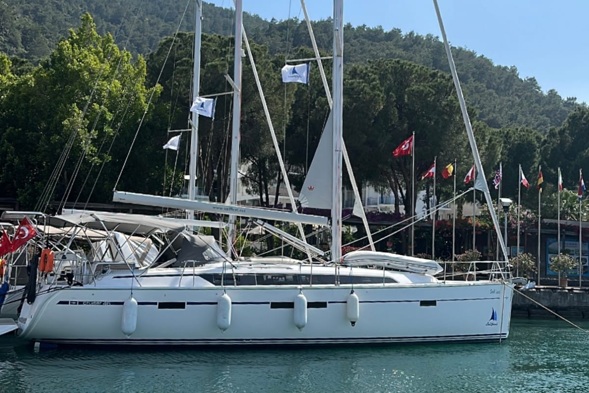 Exterior view of Sail Leo, a Bavaria Cruiser 46 sailboat at Fethiye, Turkey