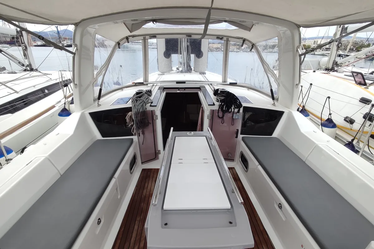 Deck of Maera, a Beneteau Oceanis 41.1 sailboat at Volos Municipality, Greece