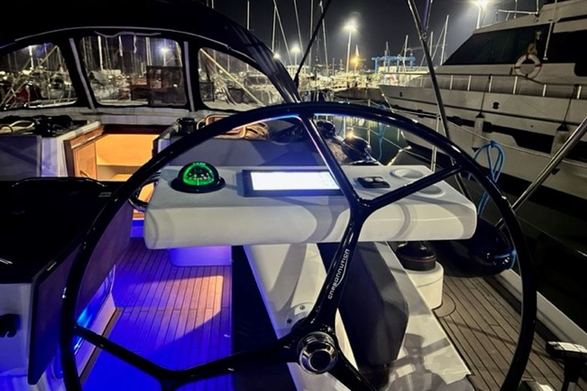 Cockpit of Sofia Blu, a D&D Kufner 54 Exclusive sailboat at Salerno, Italy