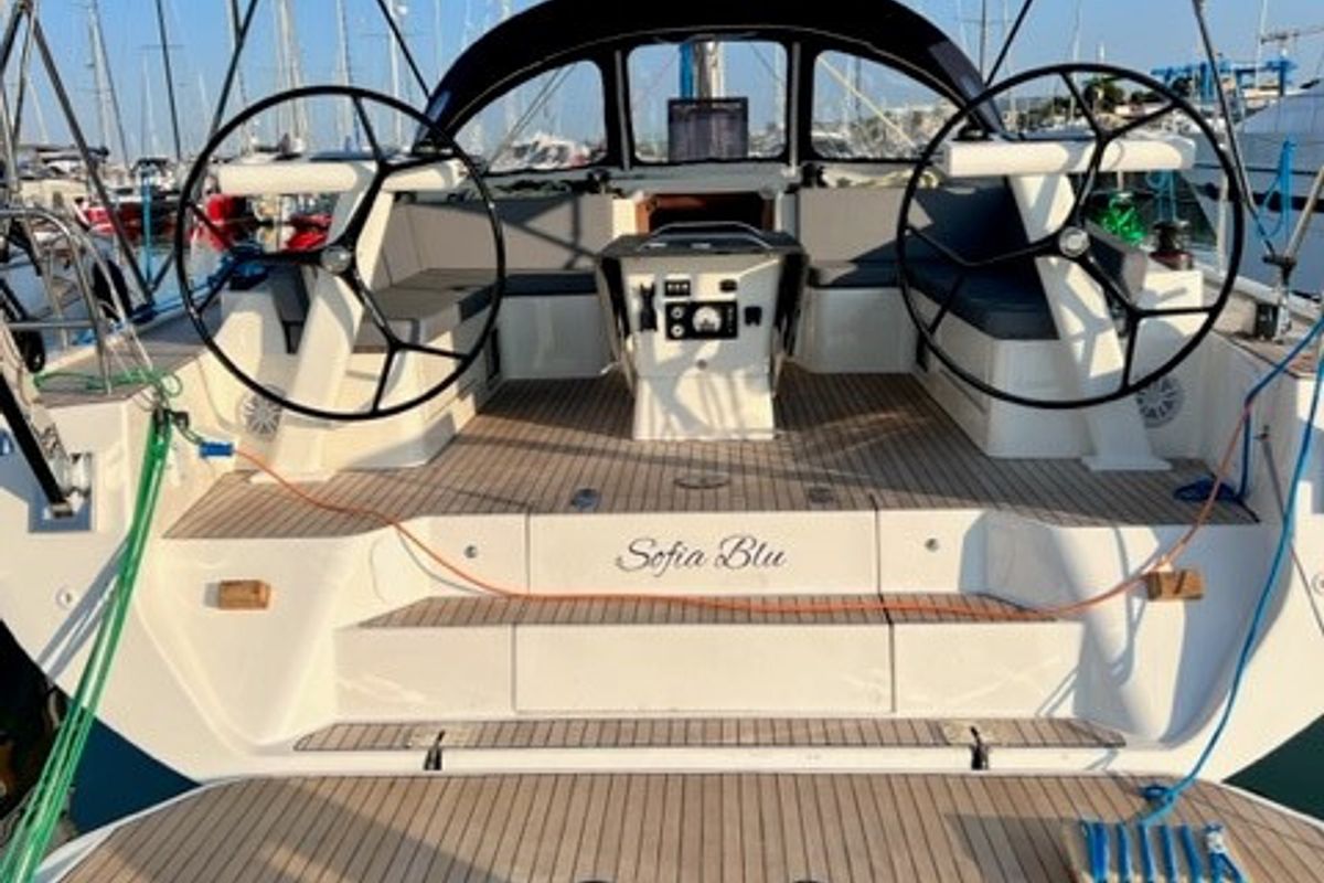 Cockpit of Sofia Blu, a D&D Kufner 54 Exclusive sailboat at Salerno, Italy