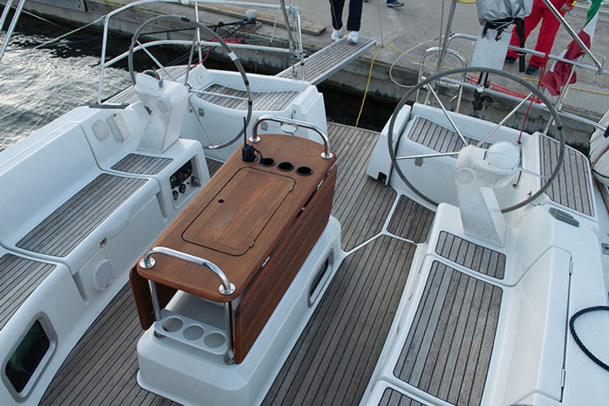 Cockpit of Mondox, a Jeanneau Sun Odyssey 45 sailboat at Fezzano, Italy