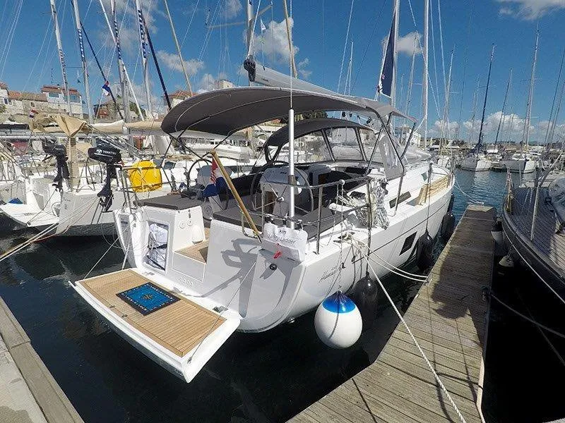 Exterior view of Podatok Too, a Hanse Yachts Hanse 458 sailboat at Grad Šibenik, Croatia