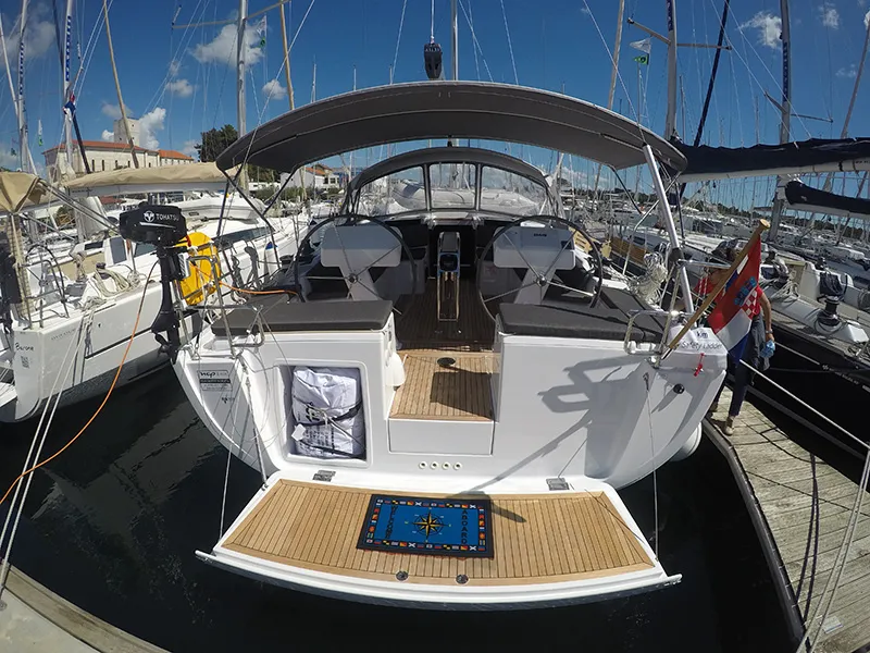 Exterior view of Podatok Too, a Hanse Yachts Hanse 458 sailboat at Grad Šibenik, Croatia
