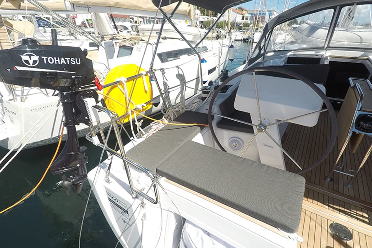 Cockpit of Podatok Too, a Hanse Yachts Hanse 458 sailboat at Grad Šibenik, Croatia