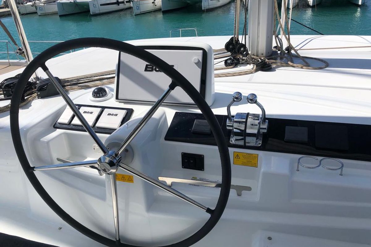 Cockpit of Oriana, a Lagoon 46 Fly catamaran at Capo d'Orlando, Italy