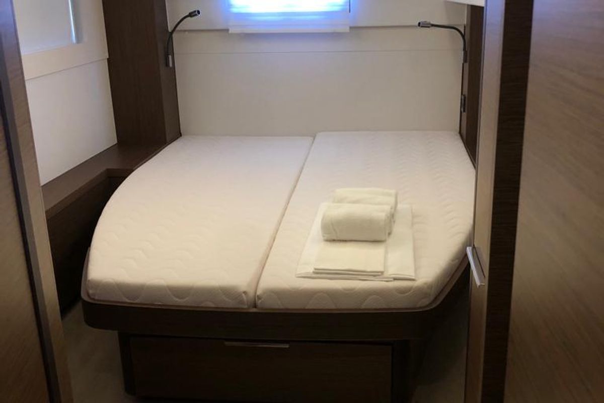 Cabin on Oriana, a Lagoon 46 Fly catamaran at Capo d'Orlando, Italy