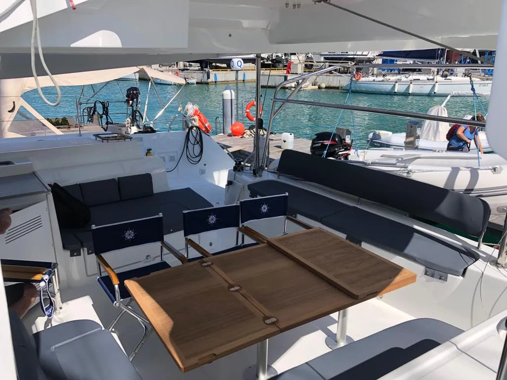 Deck of Oriana, a Lagoon 46 Fly catamaran at Capo d'Orlando, Italy
