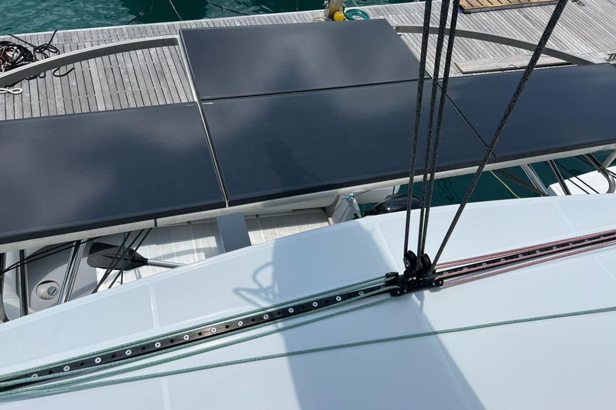 Deck of Oriana, a Lagoon 46 Fly catamaran at Capo d'Orlando, Italy