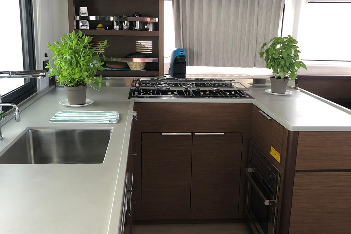 Galley of Oriana, a Lagoon 46 Fly catamaran at Capo d'Orlando, Italy