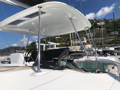 Deck of Oriana, a Lagoon 46 Fly catamaran at Capo d'Orlando, Italy