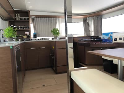 Salon of Oriana, a Lagoon 46 Fly catamaran at Capo d'Orlando, Italy