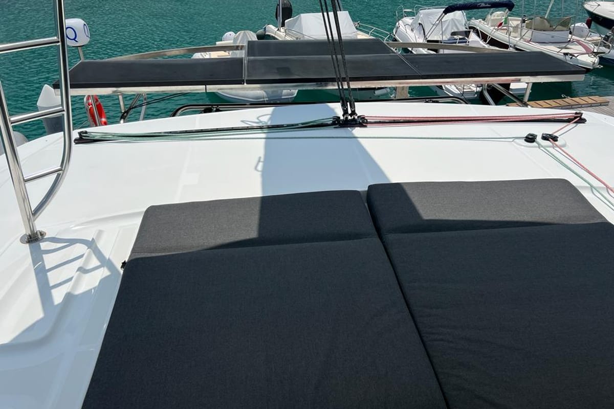Deck of Oriana, a Lagoon 46 Fly catamaran at Capo d'Orlando, Italy
