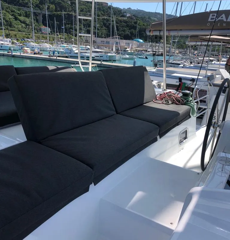 Deck of Oriana, a Lagoon 46 Fly catamaran at Capo d'Orlando, Italy
