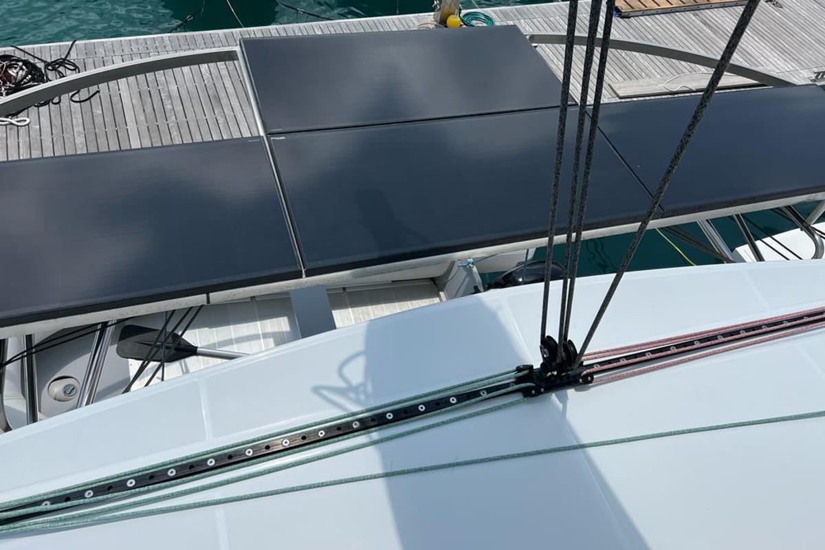 Deck of Oriana, a Lagoon 46 Fly catamaran at Capo d'Orlando, Italy