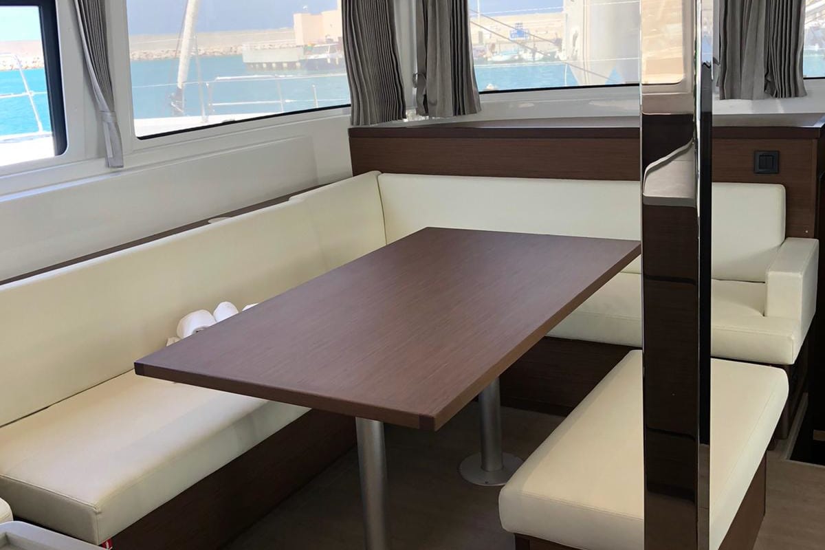 Salon of Oriana, a Lagoon 46 Fly catamaran at Capo d'Orlando, Italy