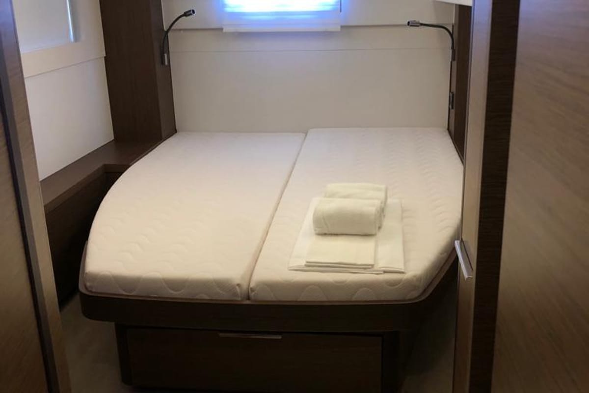 Cabin on Oriana, a Lagoon 46 Fly catamaran at Capo d'Orlando, Italy