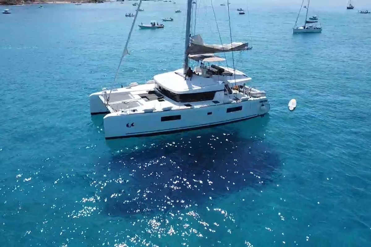 Exterior view of Cala Luna , a Lagoon 52F catamaran at Figari/Golfo Aranci, Italy