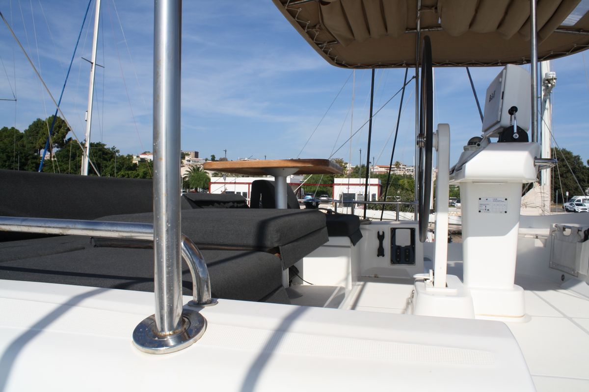 Deck of Cala Luna , a Lagoon 52F catamaran at Figari/Golfo Aranci, Italy