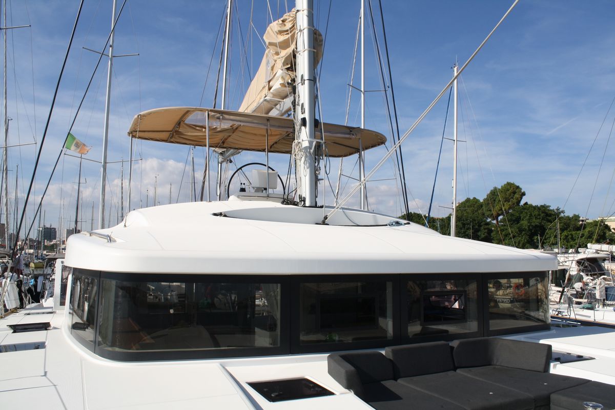 Cockpit of Cala Luna , a Lagoon 52F catamaran at Figari/Golfo Aranci, Italy