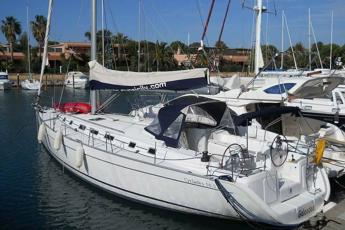 Exterior view of Galeodea, a Beneteau Cyclades 50.5 sailboat at Tonnarella, Italy