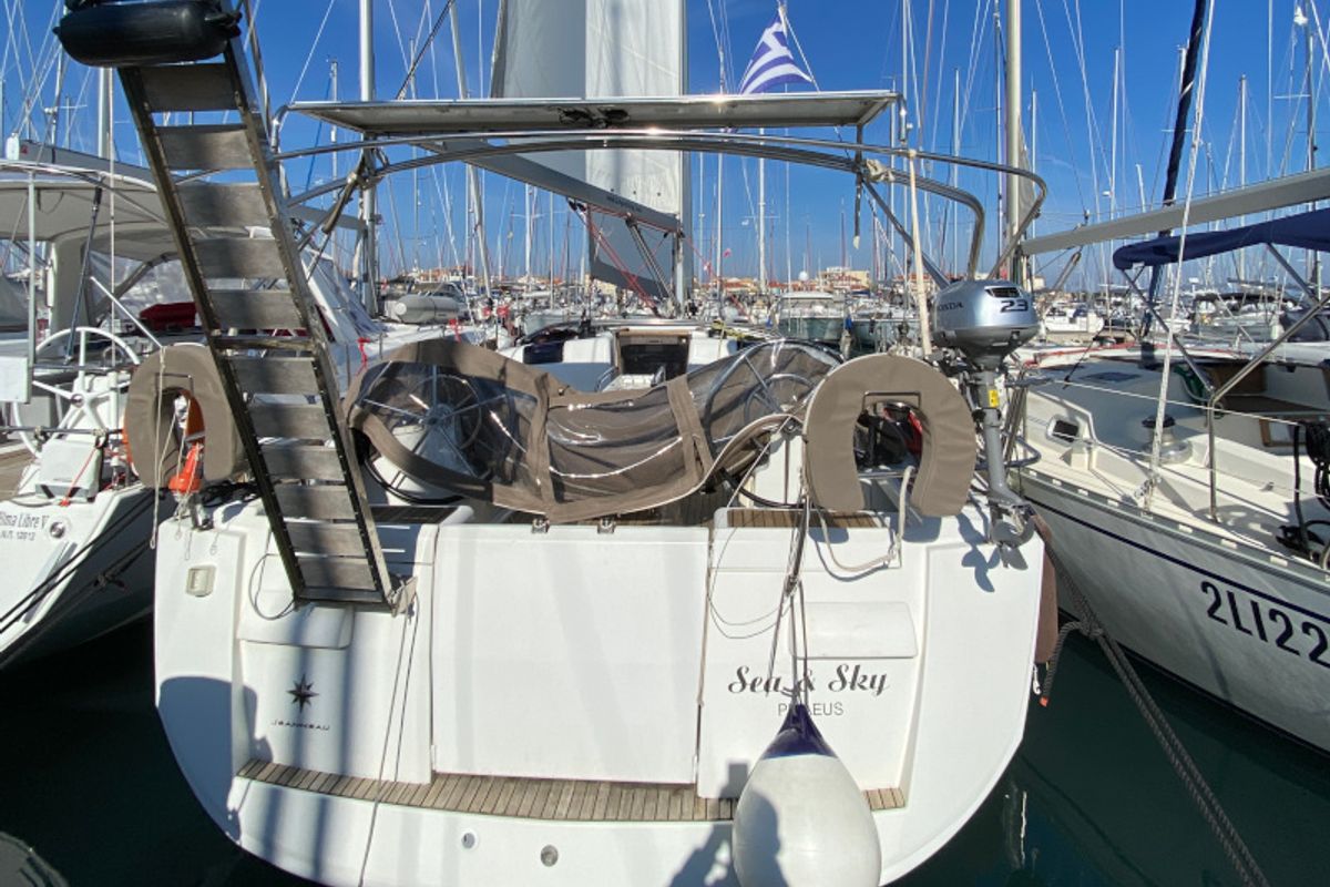 Exterior view of Sea and Sky, a Jeanneau Sun Odyssey 439 sailboat at Municipal Unit of Lefkada, Greece