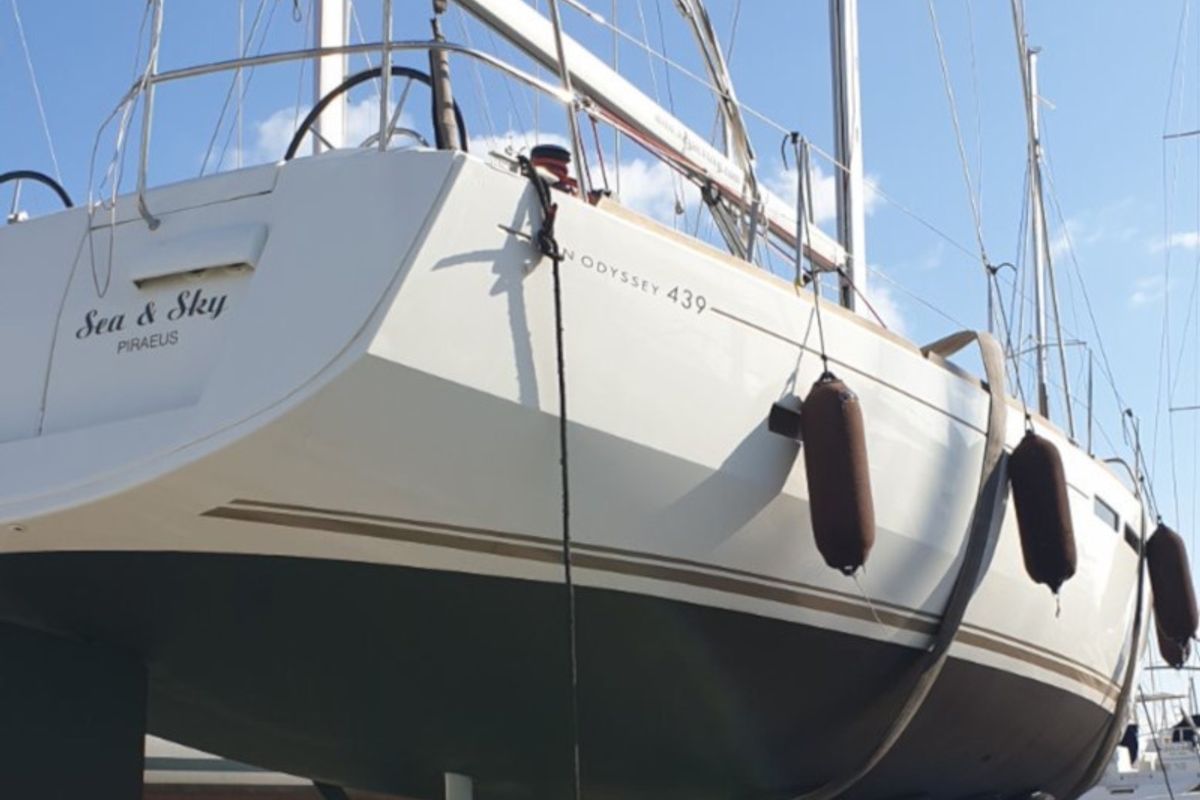 Exterior view of Sea and Sky, a Jeanneau Sun Odyssey 439 sailboat at Municipal Unit of Lefkada, Greece