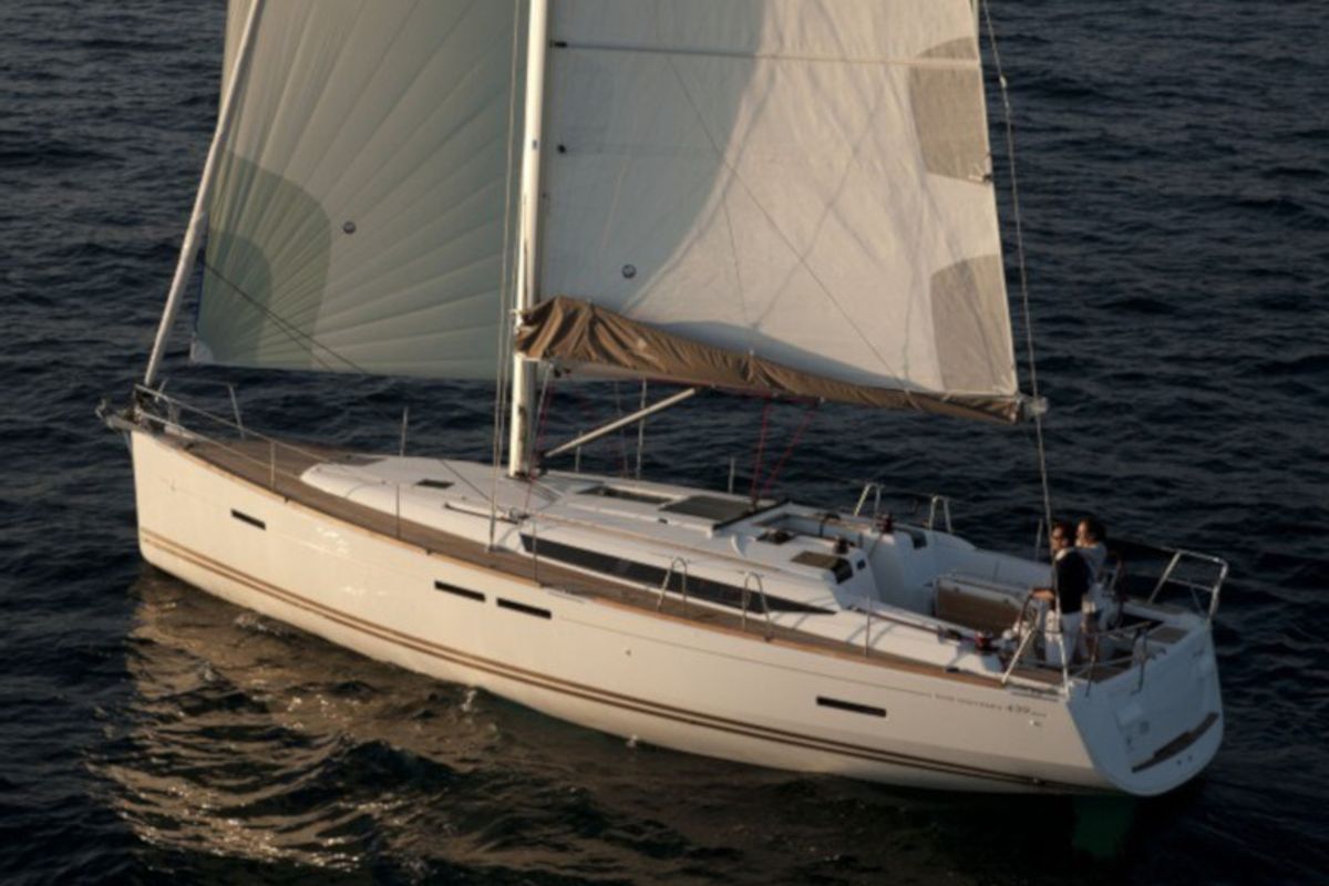 Exterior view of Sea and Sky, a Jeanneau Sun Odyssey 439 sailboat at Municipal Unit of Lefkada, Greece