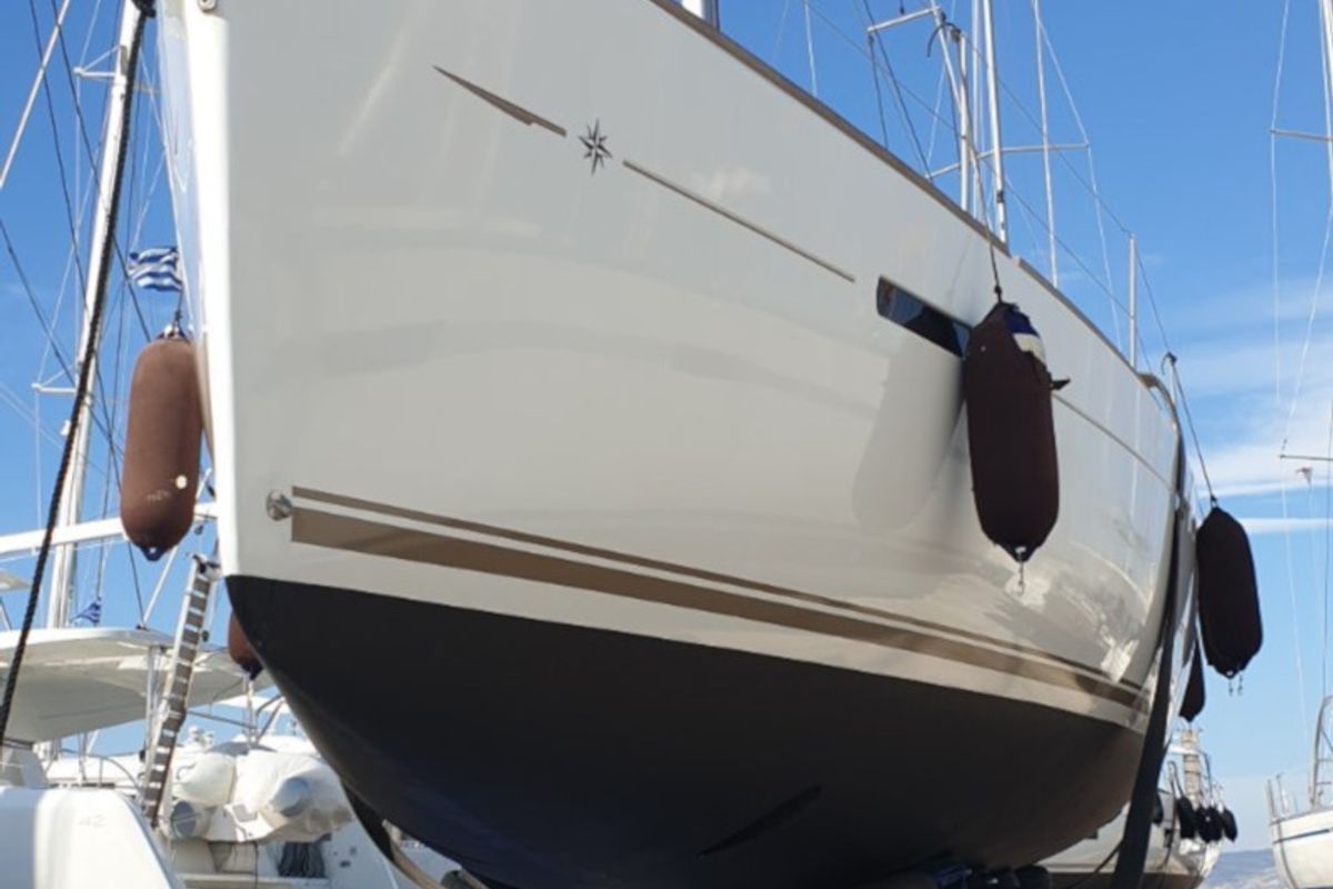 Exterior view of Sea and Sky, a Jeanneau Sun Odyssey 439 sailboat at Municipal Unit of Lefkada, Greece
