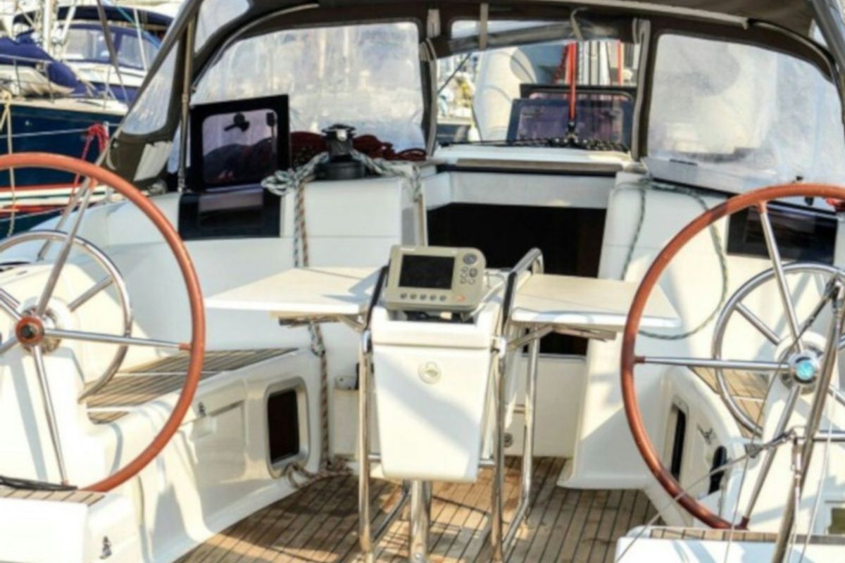 Cockpit of Sea and Sky, a Jeanneau Sun Odyssey 439 sailboat at Municipal Unit of Lefkada, Greece