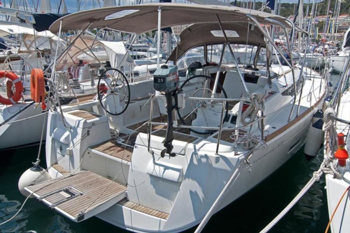 Exterior view of Sea and Sky, a Jeanneau Sun Odyssey 439 sailboat at Municipal Unit of Lefkada, Greece