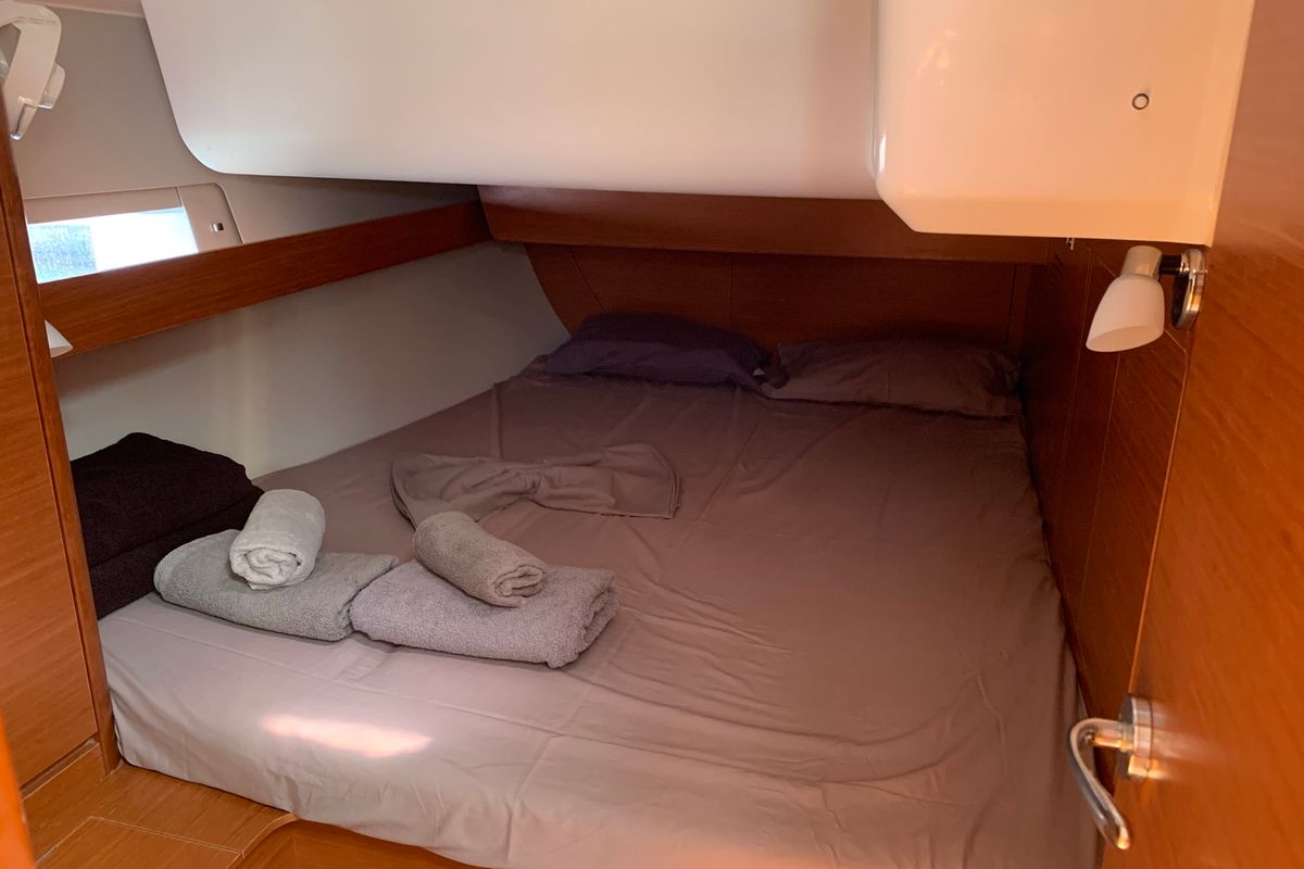 Cabin on Fish N`Chips, a Dufour 460 Grand Large sailboat at Lavreotiki Municipal Unit, Greece