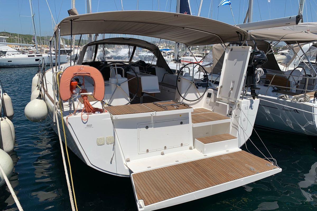 Exterior view of Fish N`Chips, a Dufour 460 Grand Large sailboat at Lavreotiki Municipal Unit, Greece