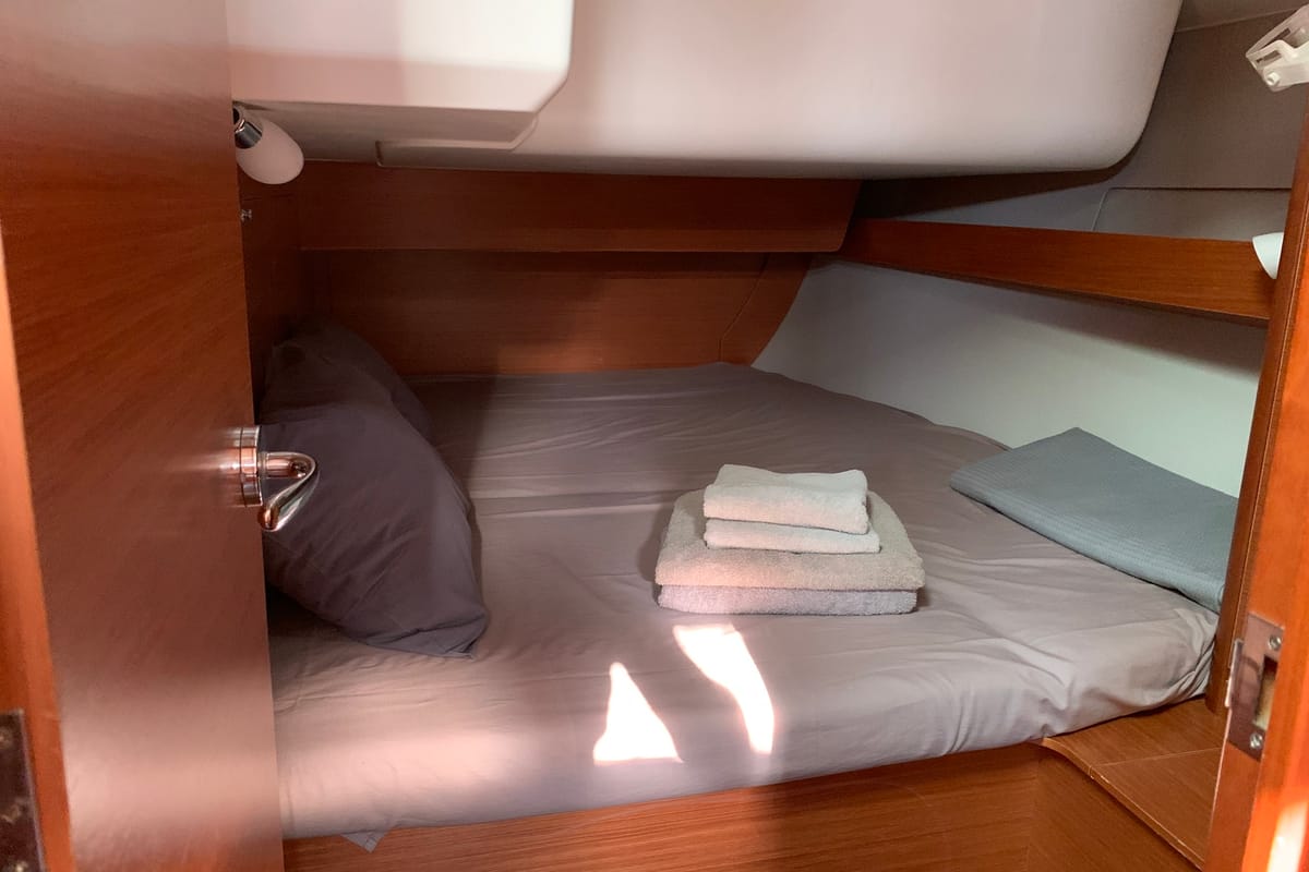 Cabin on Fish N`Chips, a Dufour 460 Grand Large sailboat at Lavreotiki Municipal Unit, Greece