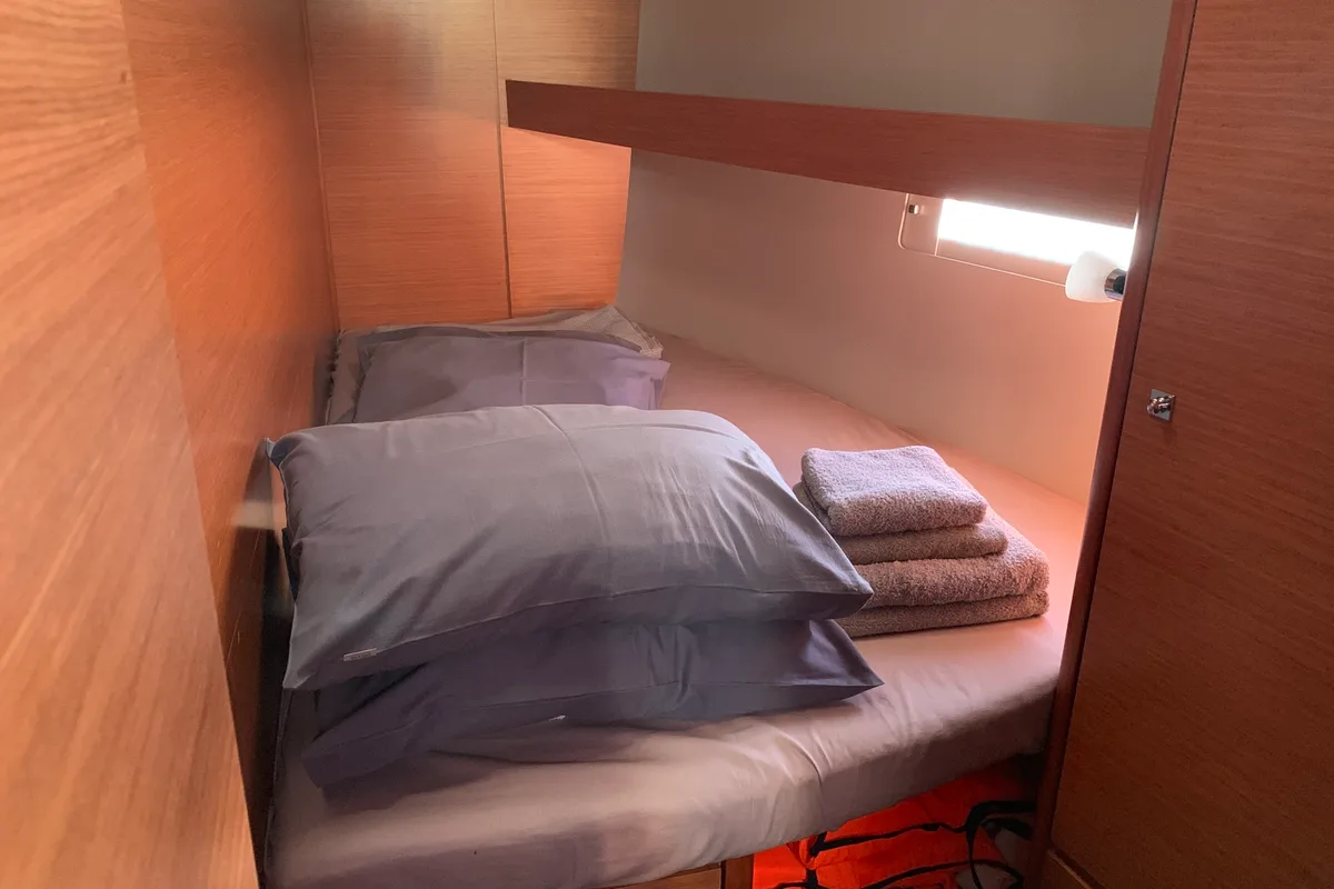 Cabin on Fish N`Chips, a Dufour 460 Grand Large sailboat at Lavreotiki Municipal Unit, Greece