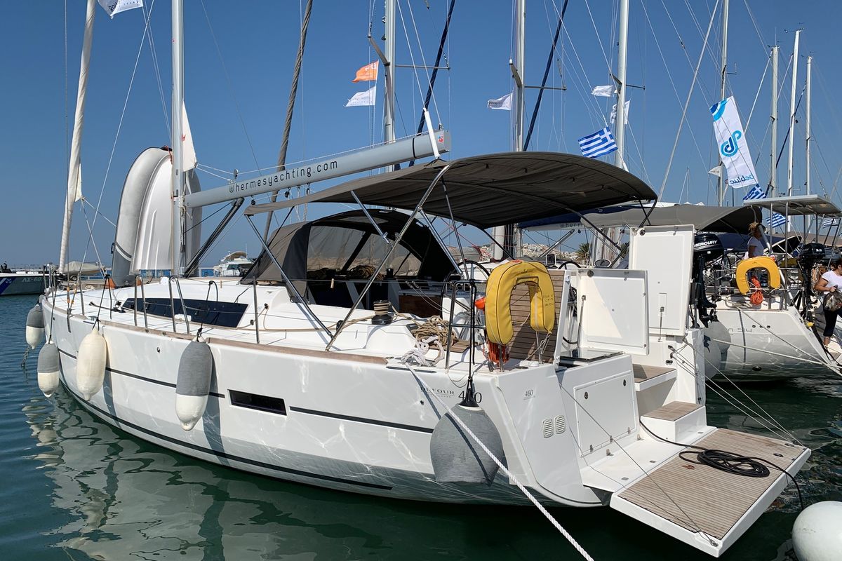 Exterior view of Fish N`Chips, a Dufour 460 Grand Large sailboat at Lavreotiki Municipal Unit, Greece